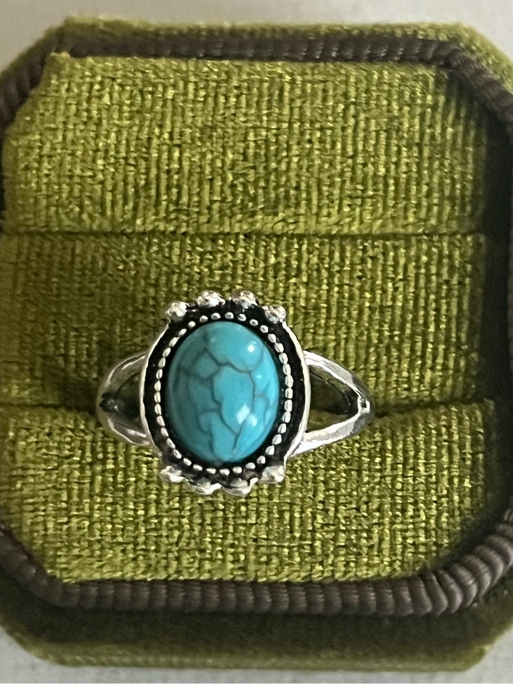 Vintage/Boho Design Blue Turquoise Stainless Steel Silver Statement Ring Size 6